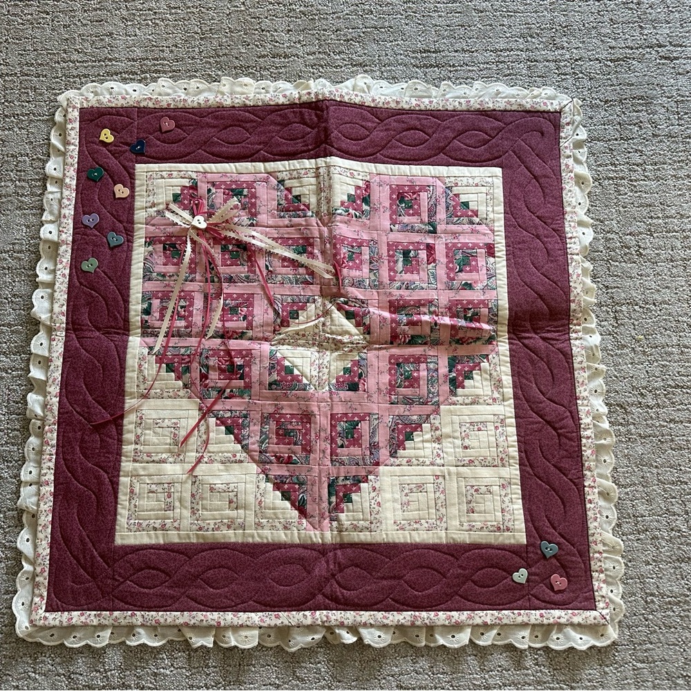 Handmade heart themed mini quilt wall hanging art